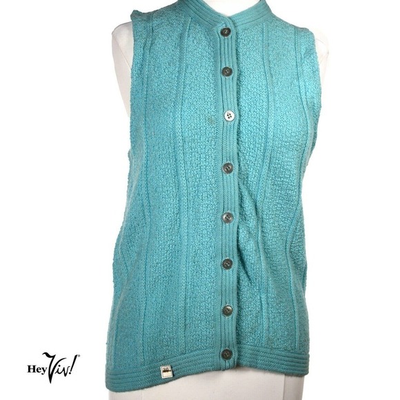 Vintage Turquoise Button Up V Neck Vest Sweater Deadstock 1970s Sz 36 - Hey Viv - Picture 2 of 6